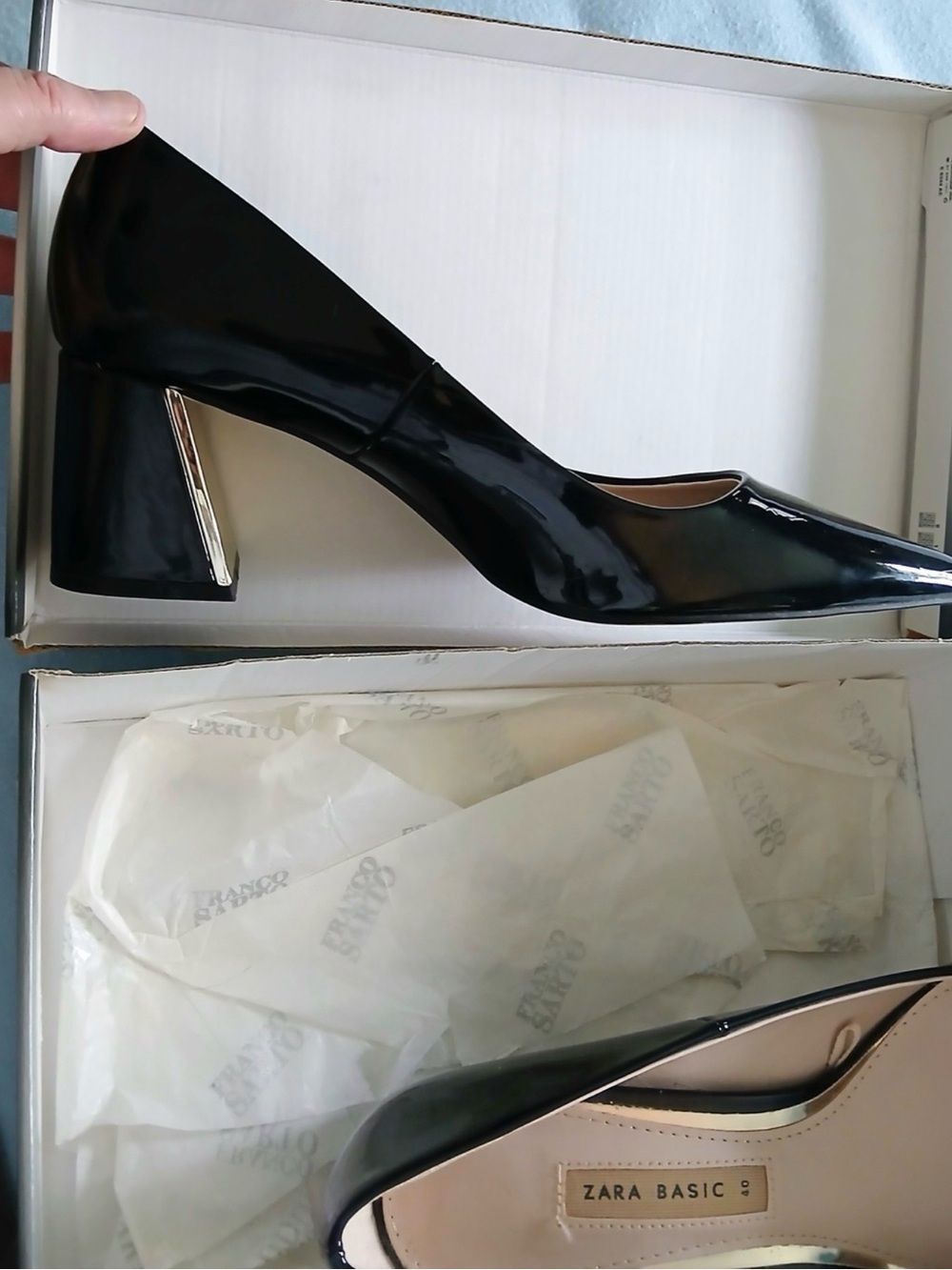 Zara Black Patent Mid Block Heel Pumps